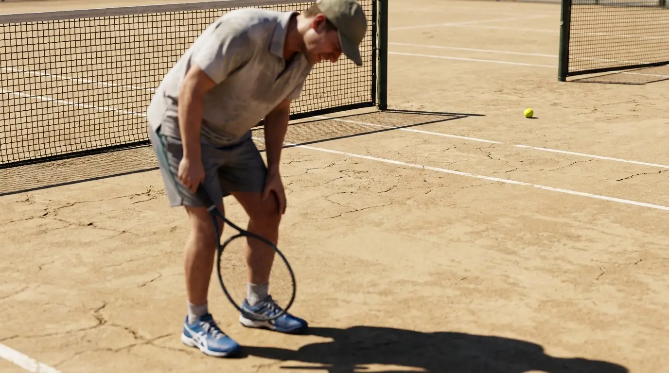 A tennis player looking down in frustration on a hard court after their forehand shot sailed long past the baseline, hinting at dead strings.
