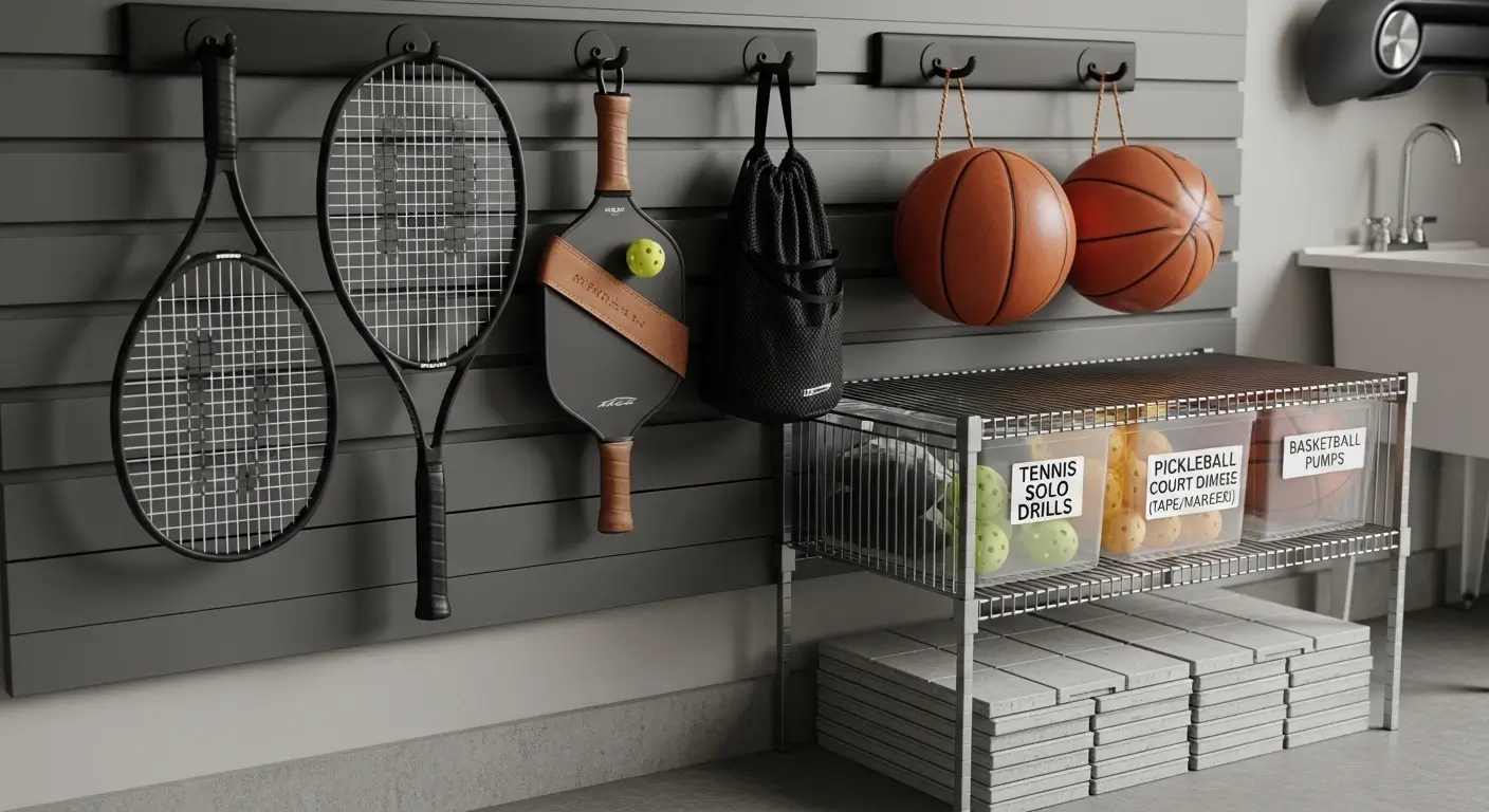 A professional garage sports gear storage system featuring slatwall organization, vertical rubber-coated hooks, and insulated bags, protecting high-end tennis racquets, basketballs, and pickleball paddles from concrete moisture.
