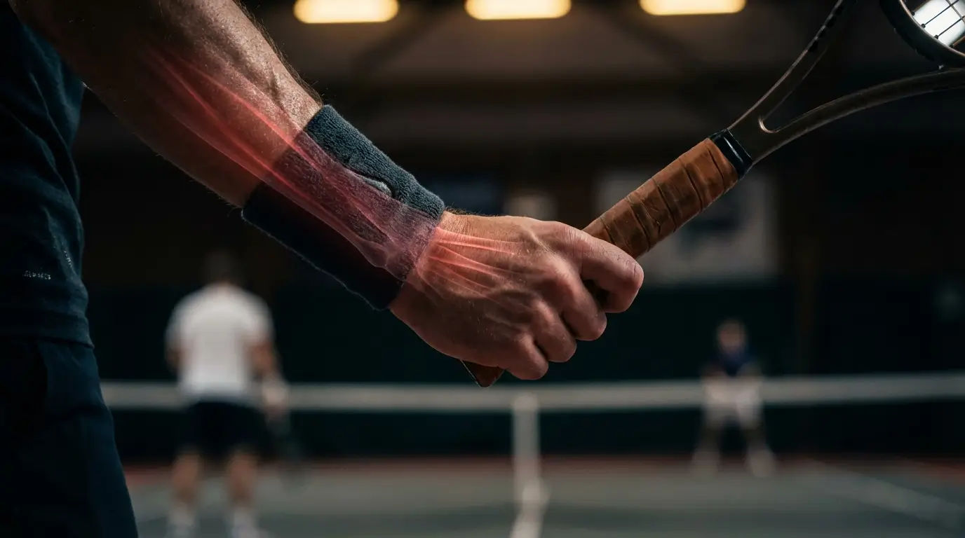 A tennis player gripping a racket handle with red highlighting on the forearm illustrating tennis elbow pain.
