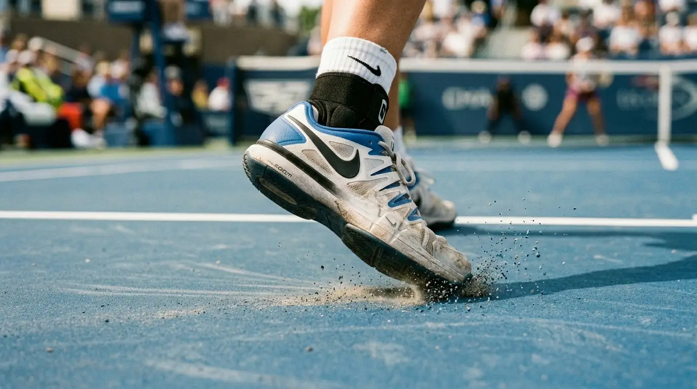 A close up of a tennis player dragging the inner toe of their shoe on a hard court during a serve.