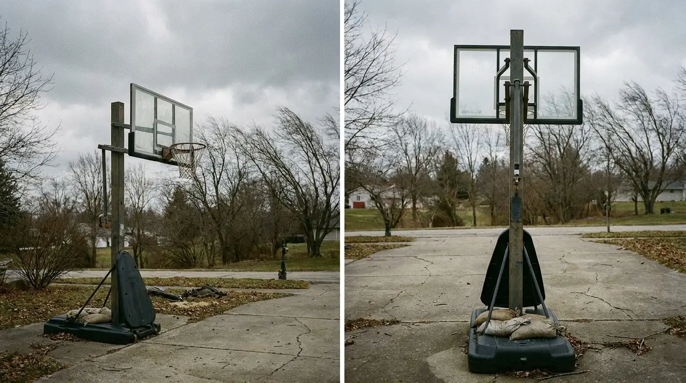 heavy-duty portable basketball hoop with a large sand-filled base standing securely on a suburban driveway during a windy day.