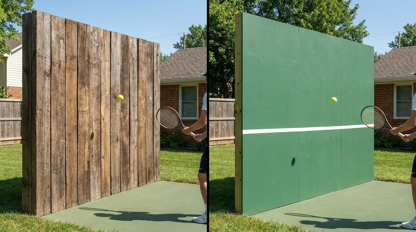 A side-by-side comparison of wood, plywood, and chain link tennis rebounder walls for home practice.
