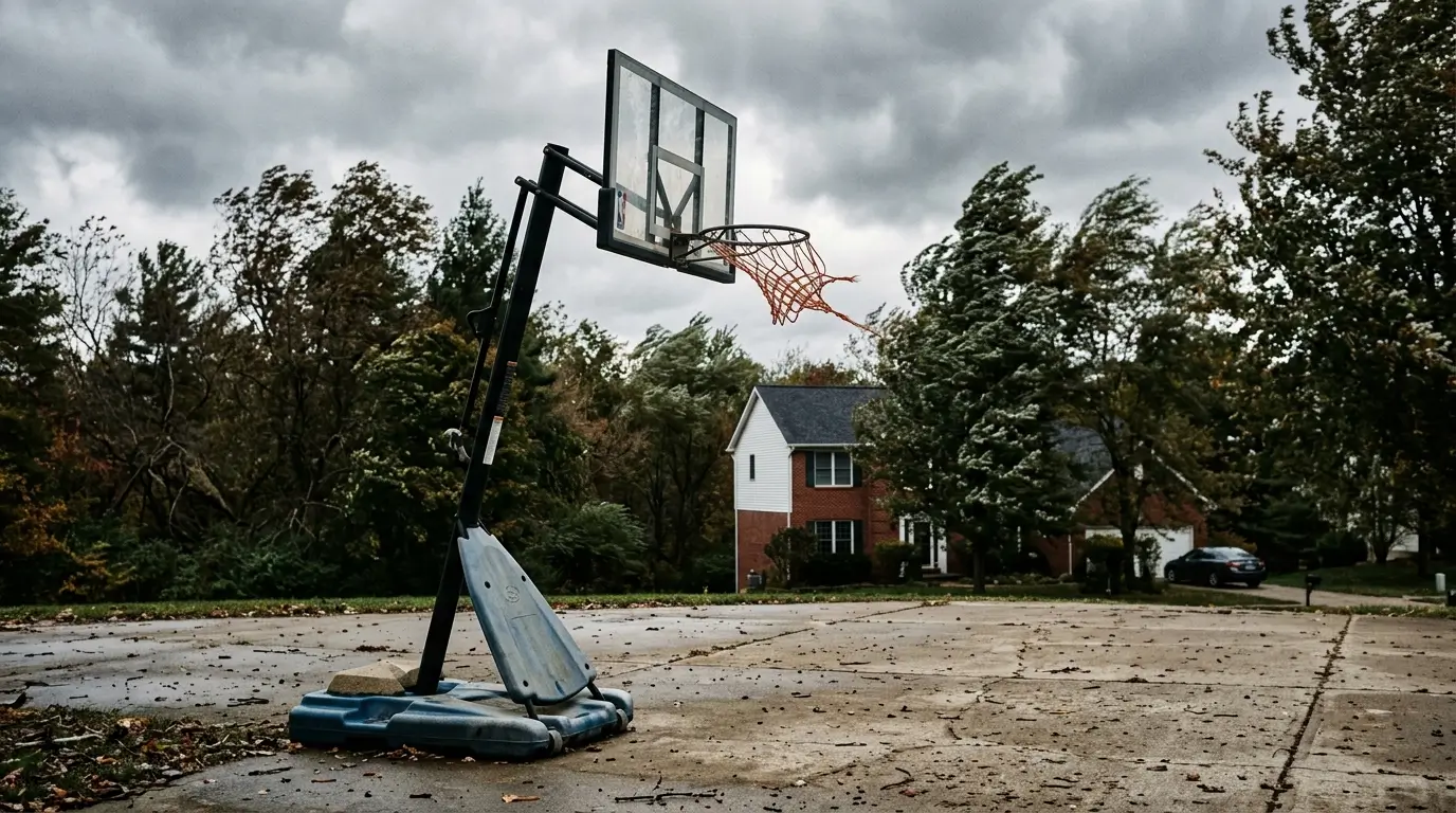 A securely anchored portable basketball hoop standing firm on a driveway during a windy, overcast day.