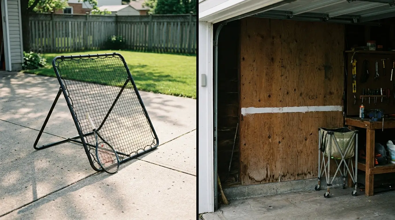 A photorealistic, documentary style split screen photograph. Left side: A freestanding, black frame outdoor tennis rebounder net setup on a concrete driveway in a suburban backyard on a sunny day. A tennis racket leans against it. Right side: A raw plywood DIY tennis practice wall secured inside a dimly lit, slightly messy single car garage. A white line is painted across the wood at net height. Shot on a Canon EOS R5, natural light, slight film grain, candid sports photography look, high detail, non AI aesthetic.