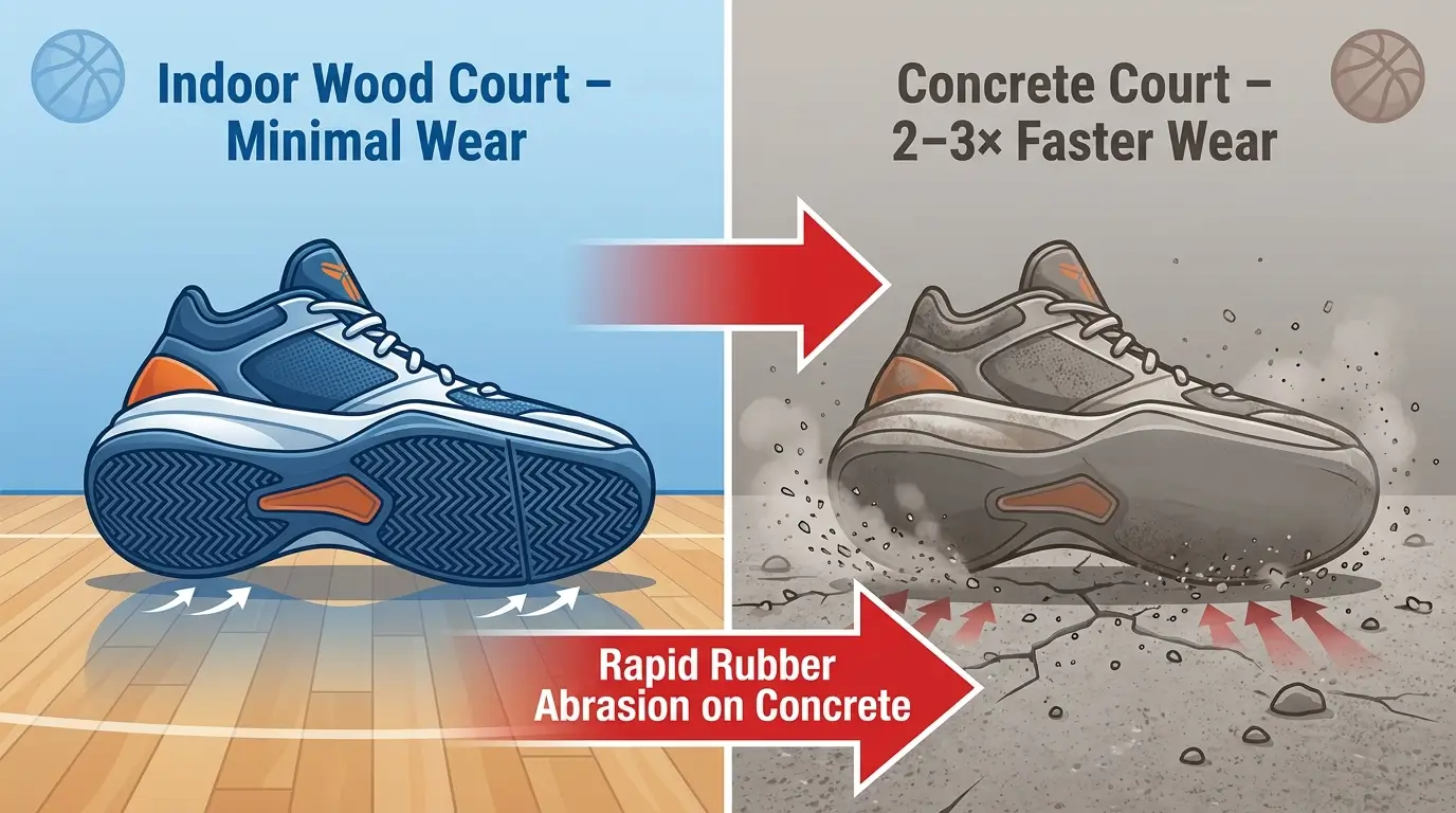 Basketball shoe sole wear comparison: indoor wood court vs outdoor concrete showing 2-3x faster rubber abrasion on concrete