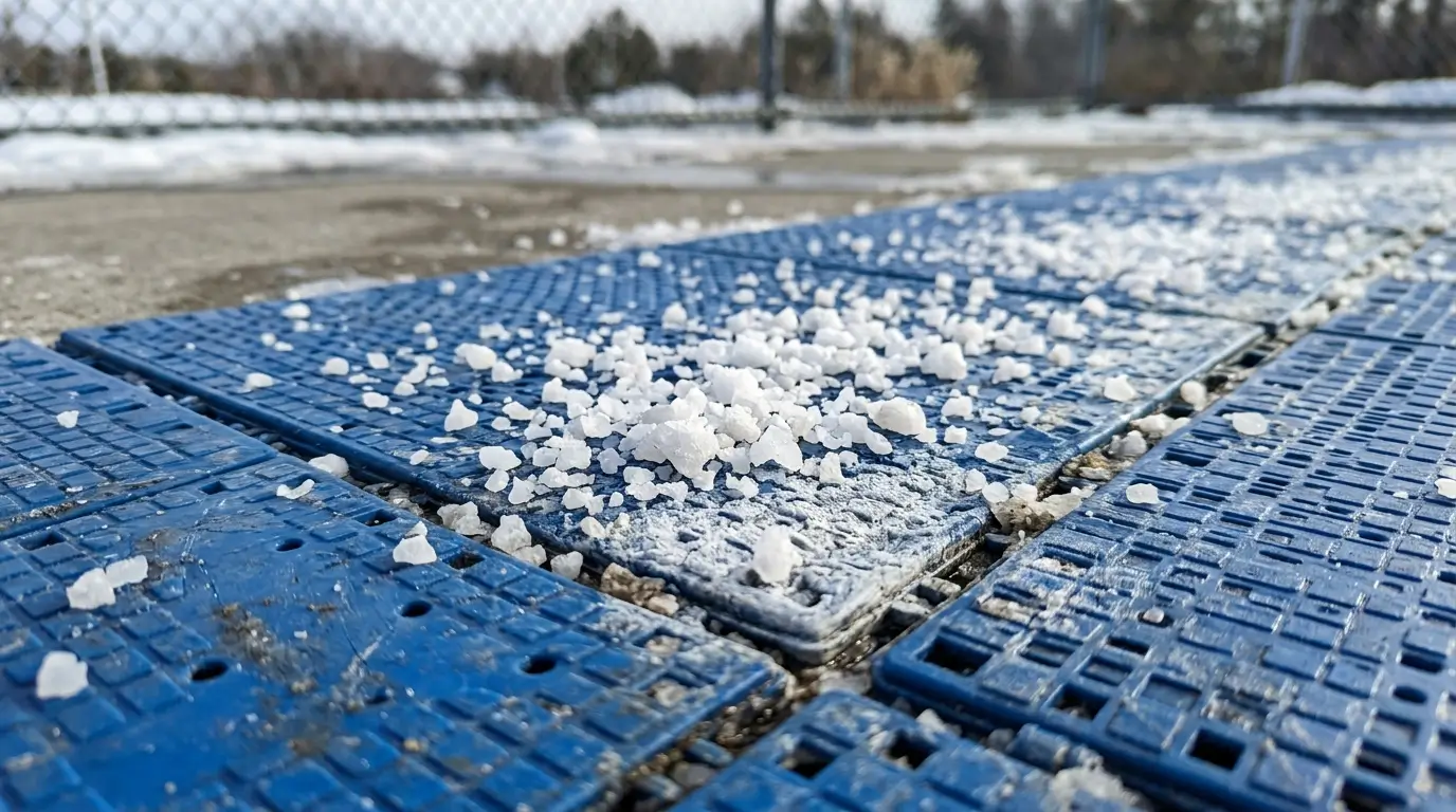 Close-up of faded, chalky modular sport court tiles covered in rock salt, showing chemical damage from using harsh de-icers.
