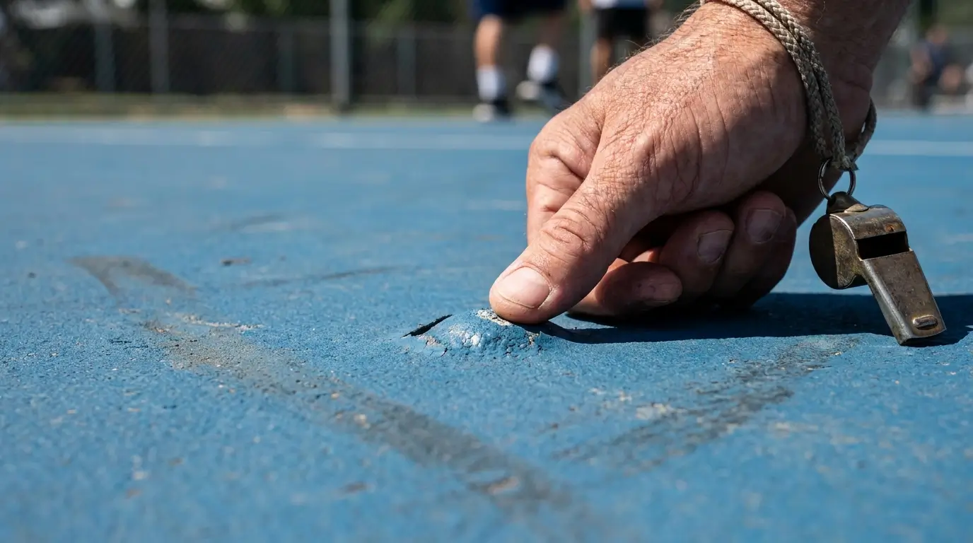 Senior sports coach pressing a thumb onto a raised moisture bubble in a blue acrylic tennis court playing surface to check for adhesion failure.