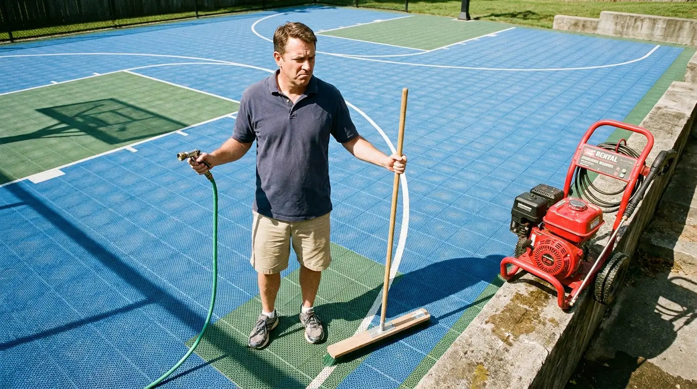 A court maintenance expert holding a garden hose and broom looks disapprovingly at a high-power pressure washer sitting next to a modular sport court.