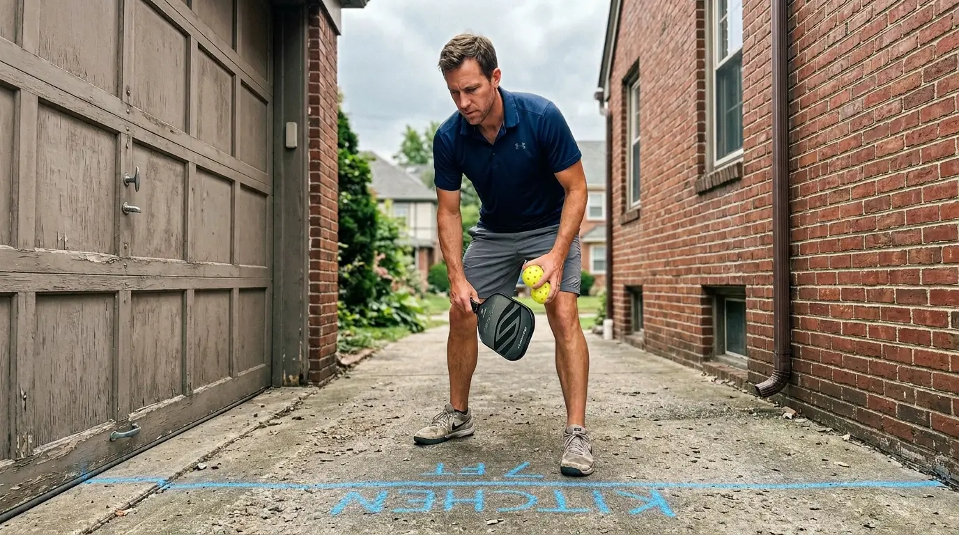 A determined male pickleball player alone in a narrow concrete driveway, holding a paddle and balls, preparing to practice solo pickleball drills against a garage door.