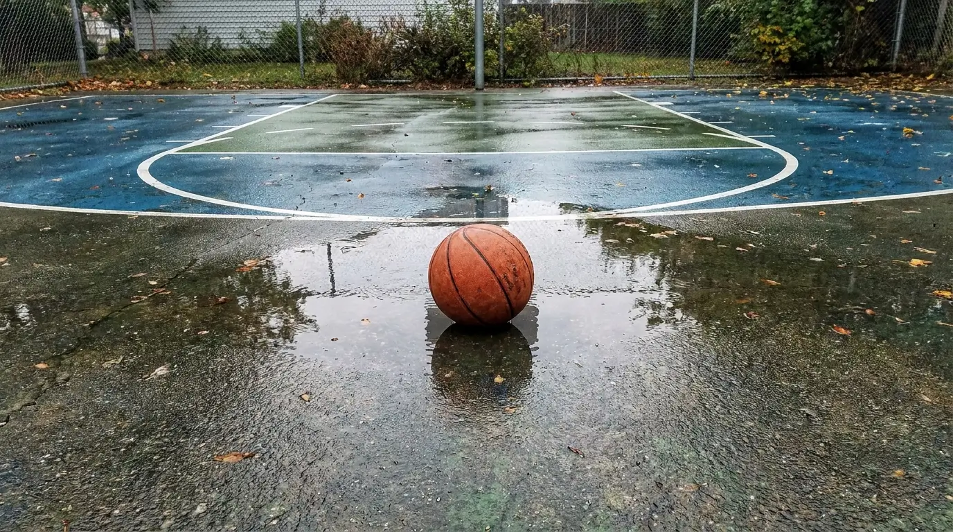 A basketball sits in a large puddle on a wet backyard court, illustrating poor sport court drainage solutions.